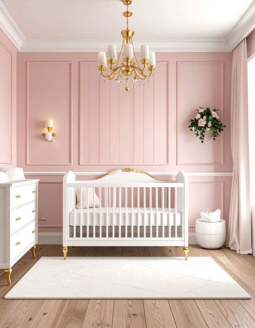 Dusty Rose Flat Panel Wainscoting with Gold Hardware - 24 Wainscoting Nursery Ideas
