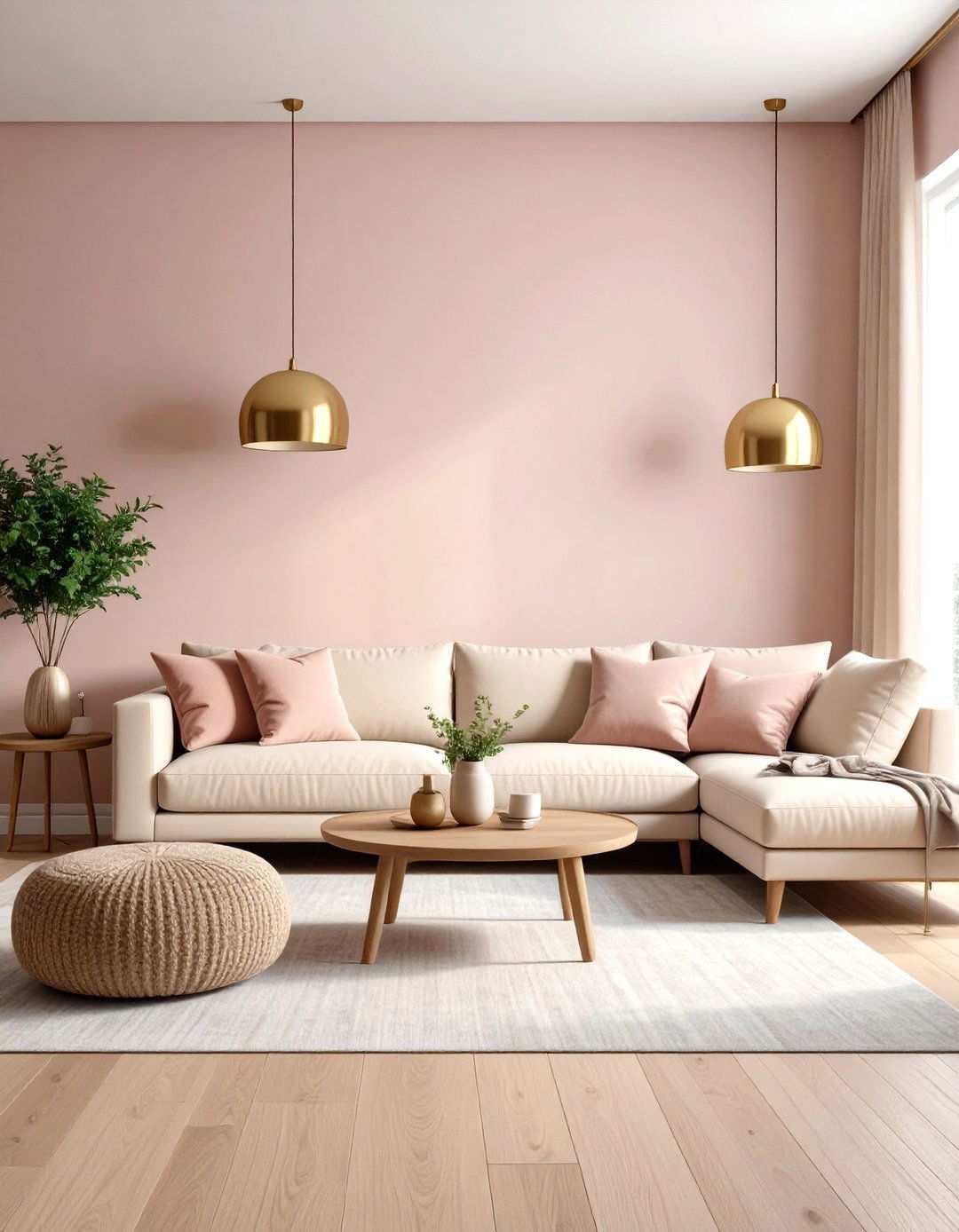 Dusty Rose Living Room with Teal Blue Ottoman and Accents - 24 Pink and Blue Living Room Ideas