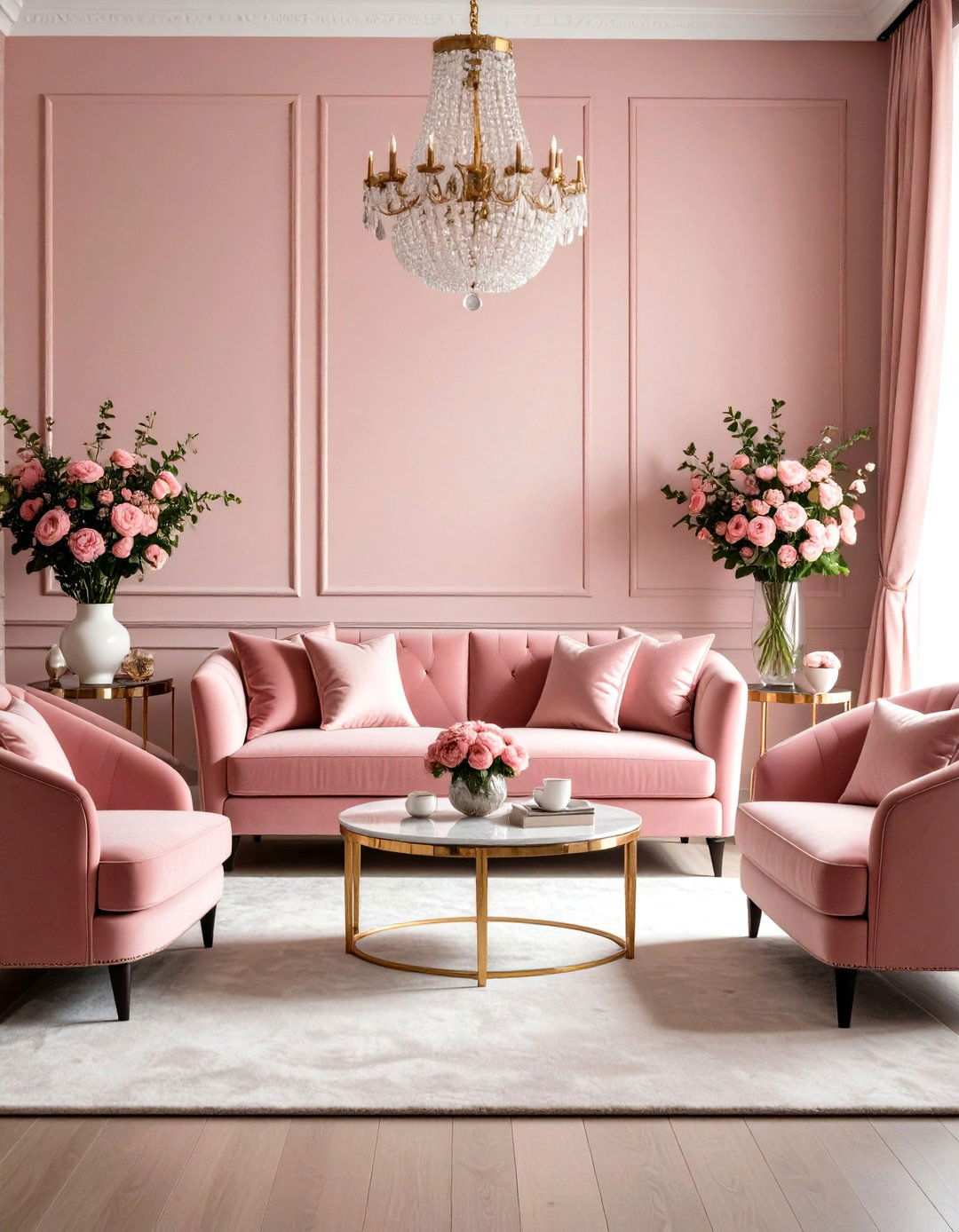 Dusty Rose Romantic Living Room - 24 Monochromatic Living Room Ideas