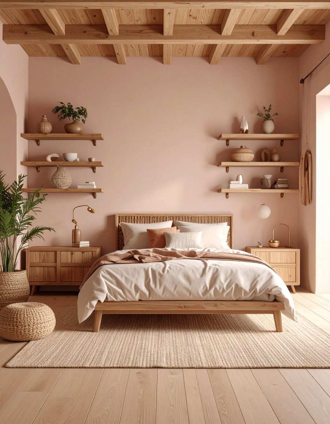 Dusty Rose Wall Paint with Natural Wood Accents - 24 Pink Boho Bedroom Ideas