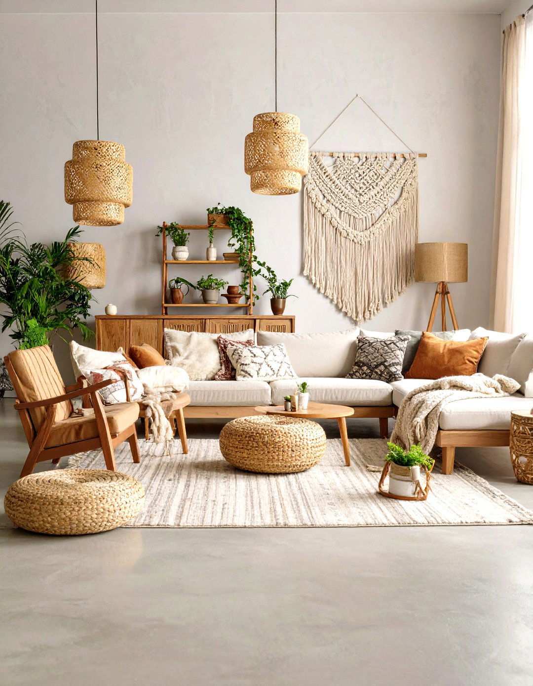 Earth Toned Bohemian Concrete Sanctuary - 24 Rustic Concrete Floor Living Room Ideas