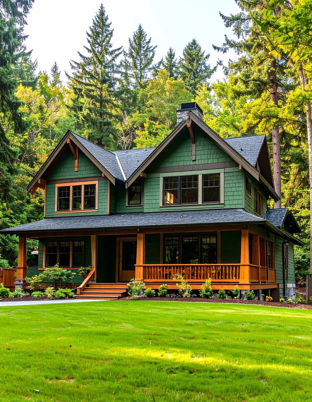 Earthy Green and Natural Wood Blend - 24 Two-tone Siding Designs