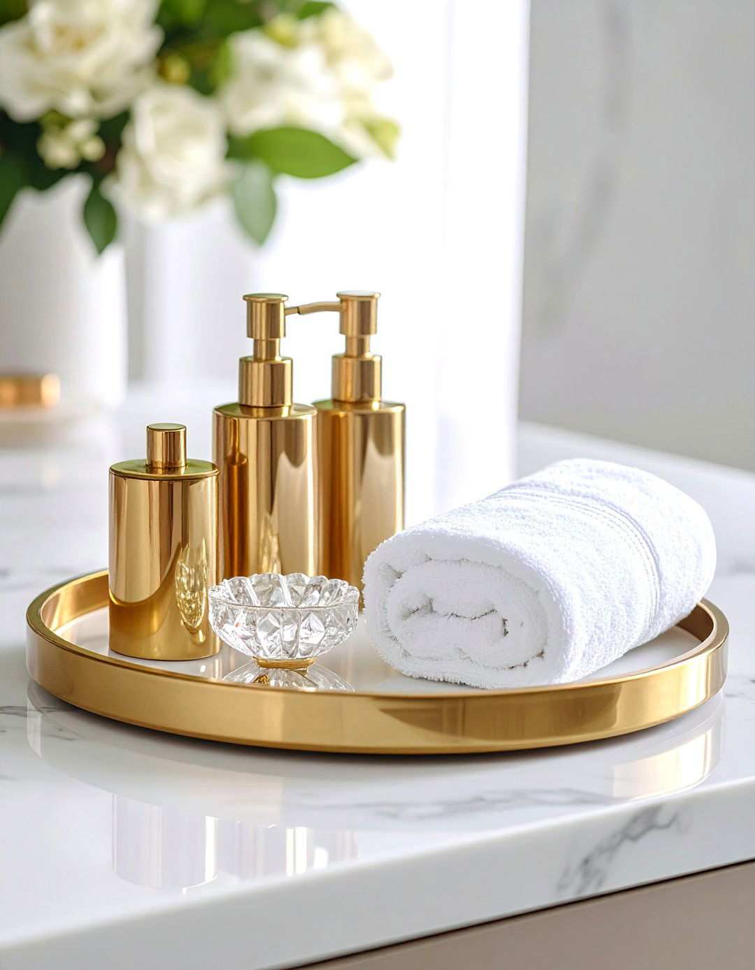 Elegant Bathroom Vanity Tray with Brass Accents - 24 Tray Decor Ideas