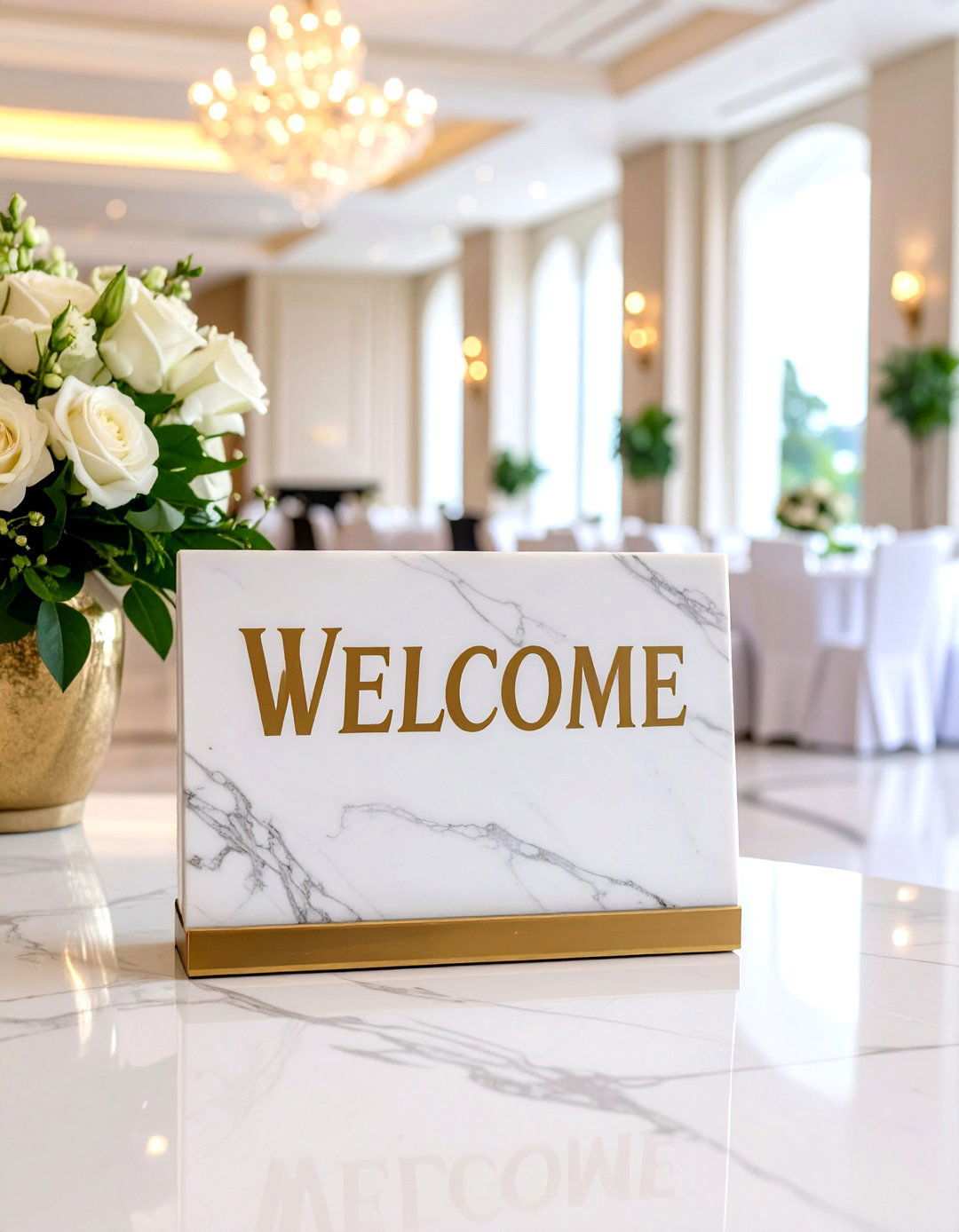 Elegant Wedding Welcome Sign with Calligraphy on Marble Surface - 24 Wedding Welcome Sign Ideas