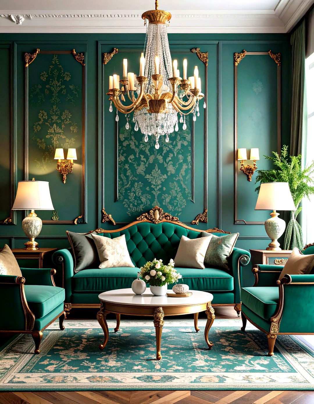 Emerald Damask Wallpaper Feature Wall - 24 Victorian Dark Green Living Room Ideas