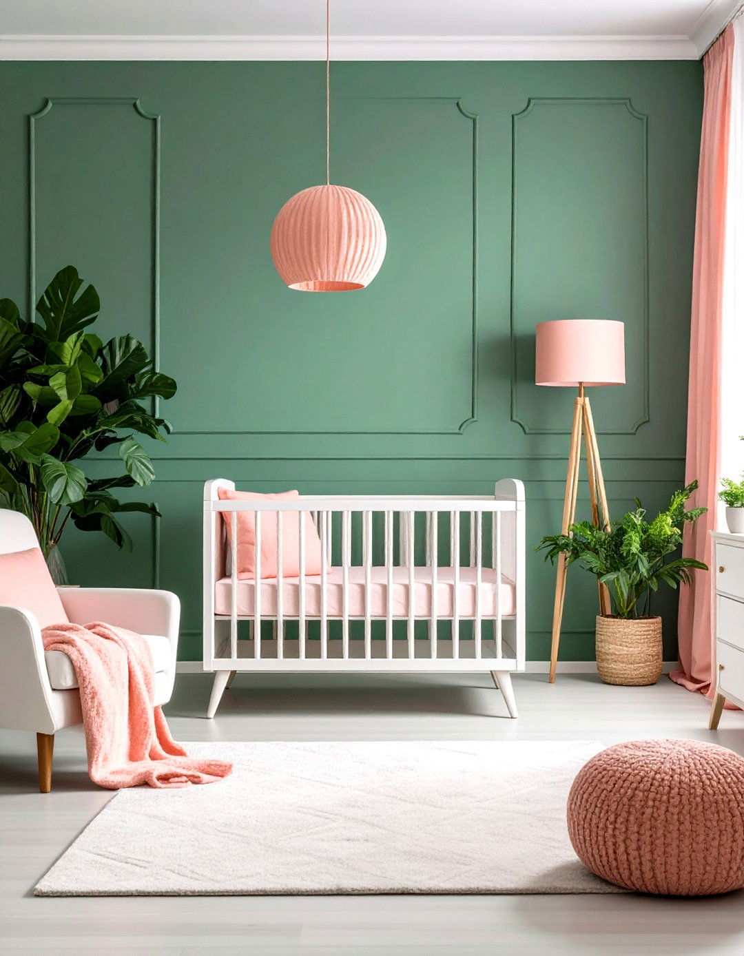 Emerald Green Accent Wall with Coral Pink Details - 24 Pink and Green Nursery Ideas