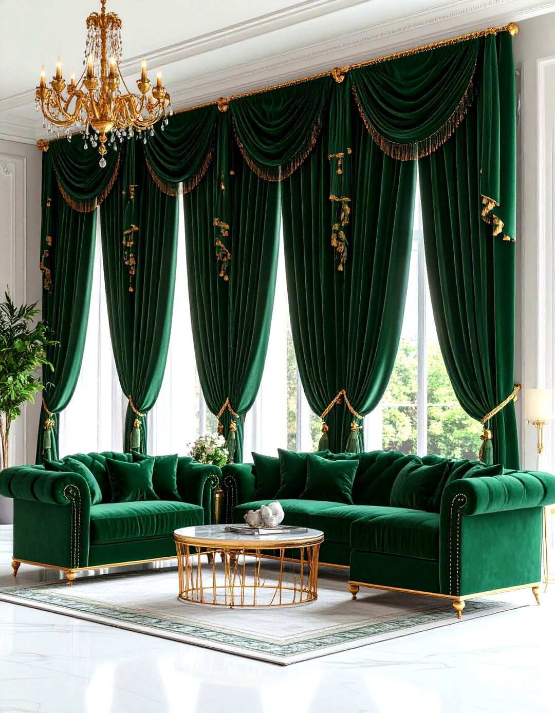 Emerald Velvet Curtain Treatment Scheme - 24 Victorian Dark Green Living Room Ideas
