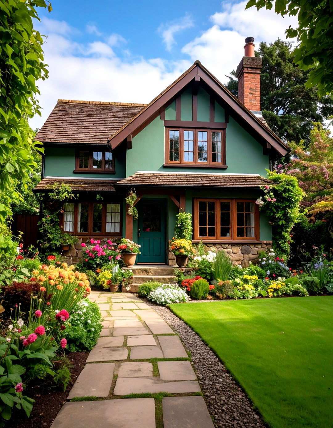 English Cottage Brown Stone Accents - 24 Sage Green House With Brown Trim Ideas