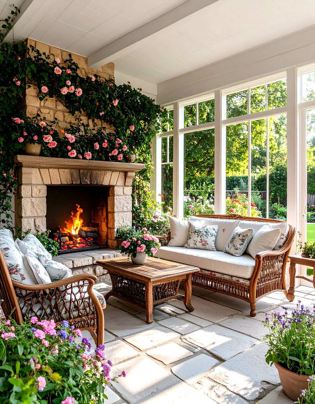 English Cottage Garden Fireplace - 24 Screened-in Porch With Fireplace Ideas