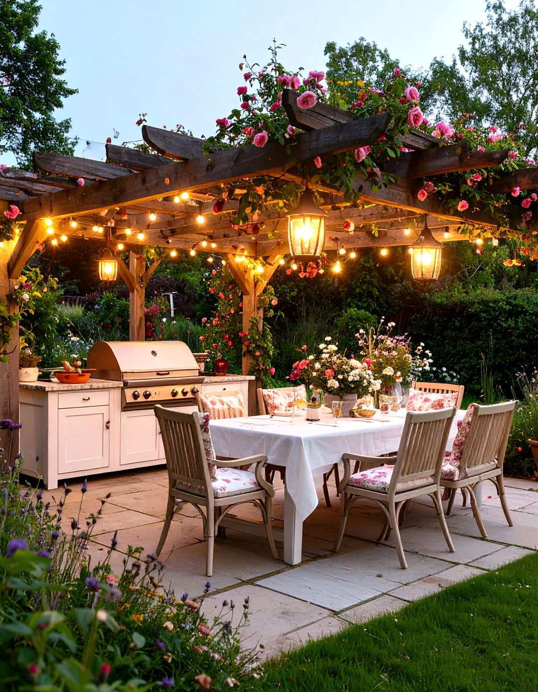 English Garden Kitchen with Pergola Dining - 24 Luxury Outdoor Kitchen Ideas
