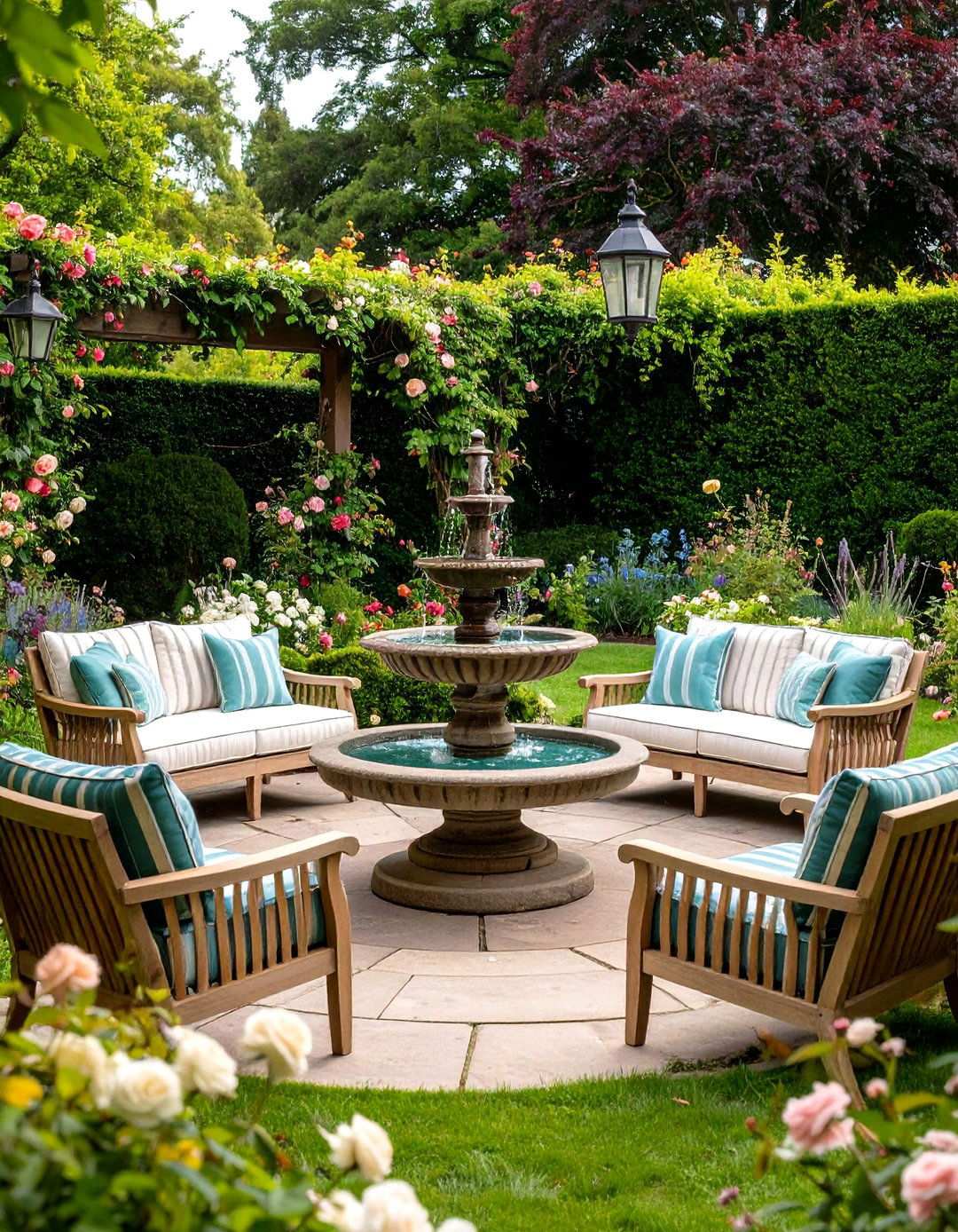 English Garden Outdoor Living Area with Formal Elements - 24 Outdoor Living Room Ideas