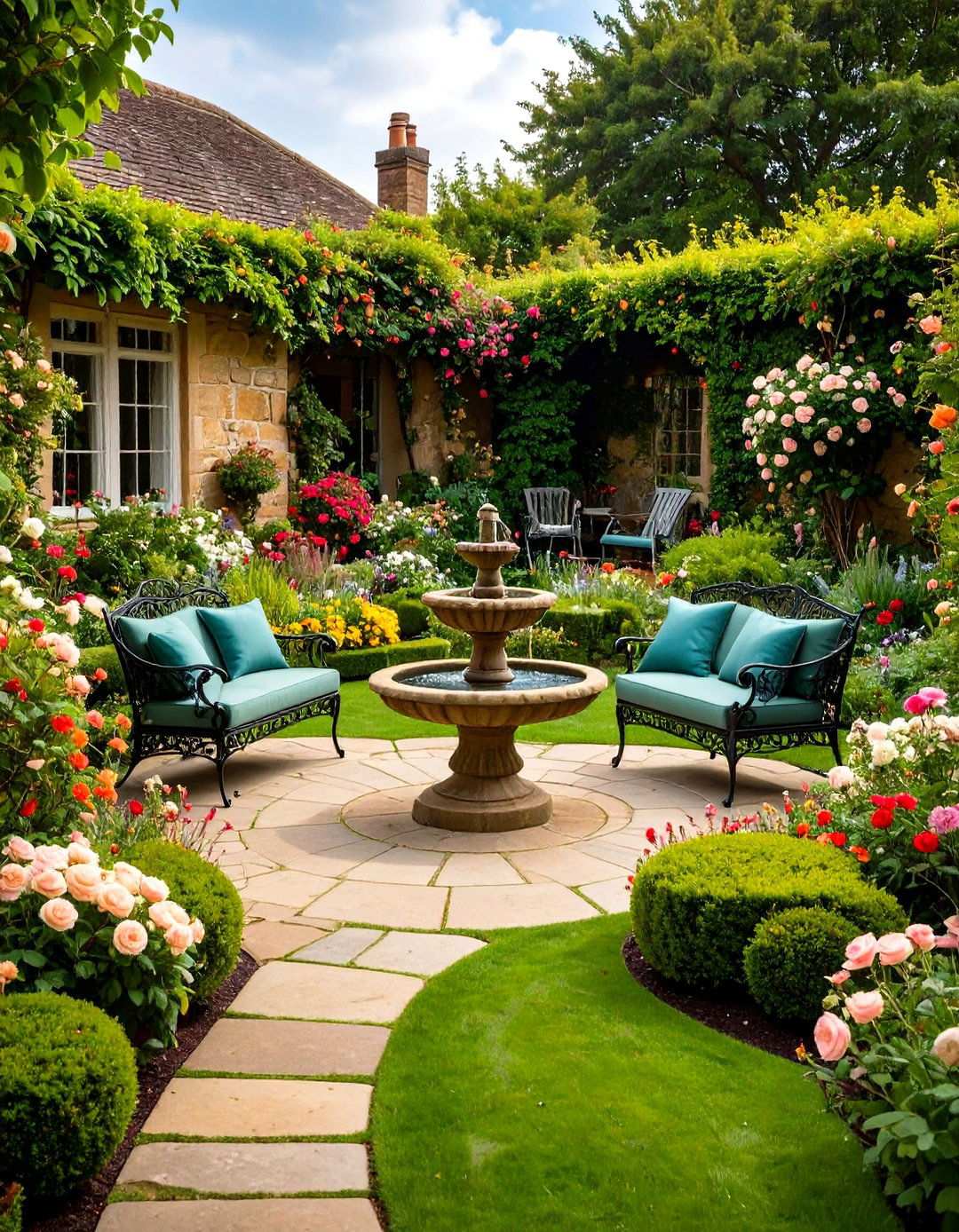 English Garden Patio with Classic Stonework and Plantings - 24 Outdoor Living Space Ideas