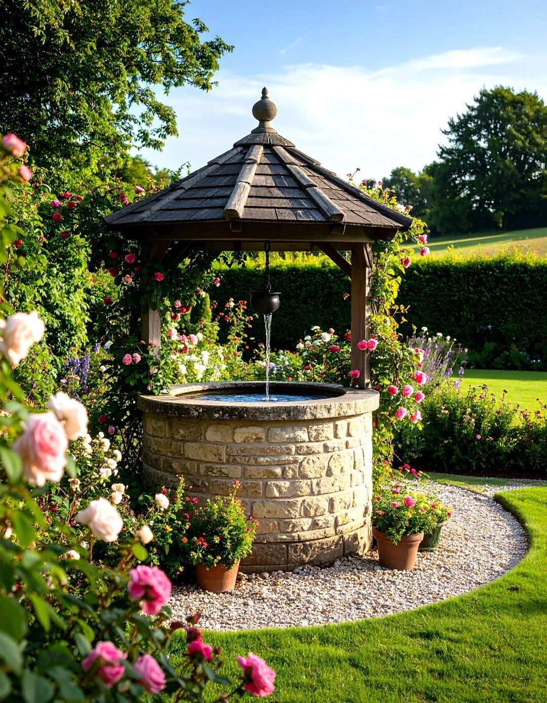 English Garden Wishing Well with Climbing Roses - 24 Outdoor Wishing Well Garden Ideas