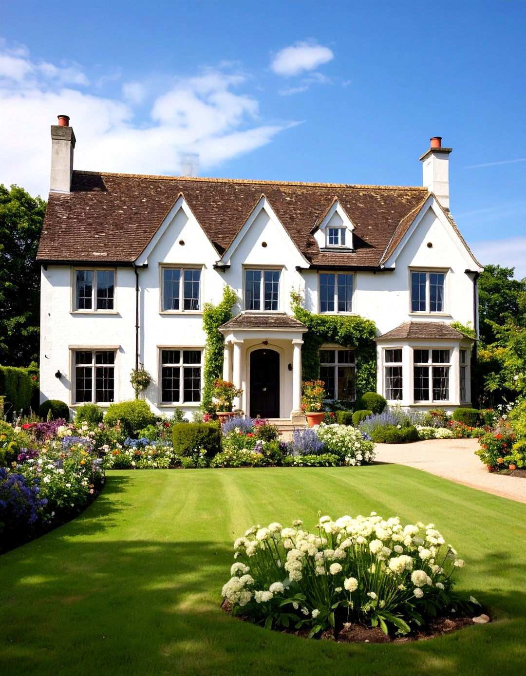 English Manor Brick Interpretation - 24 White Brick House With Black Trim