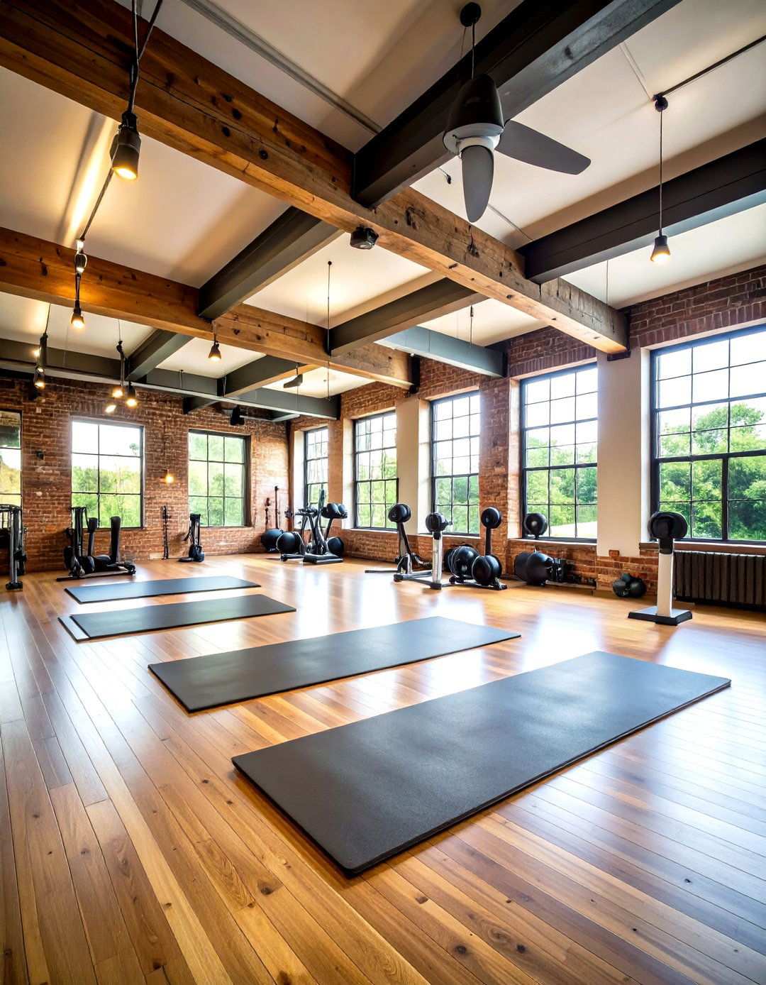 Exercise Room with Exposed Brick Walls - 24 Rustic Barndominium Interior Design Ideas