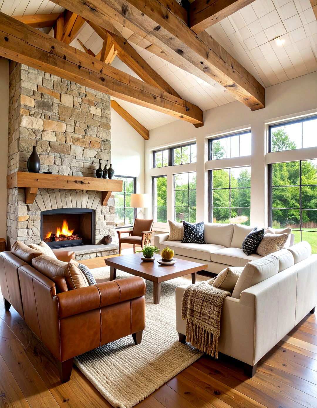 Exposed Beam Living Room with Stone Fireplace - 24 Rustic Barndominium Interior Design Ideas