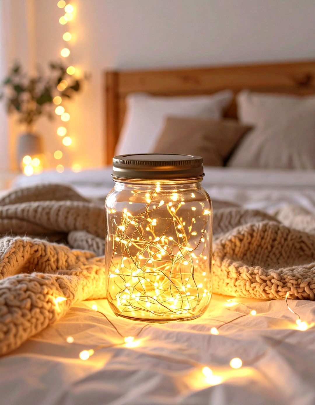 Fairy Lights in Glass Jar Clusters - 24 Small Bedroom Lighting Ideas