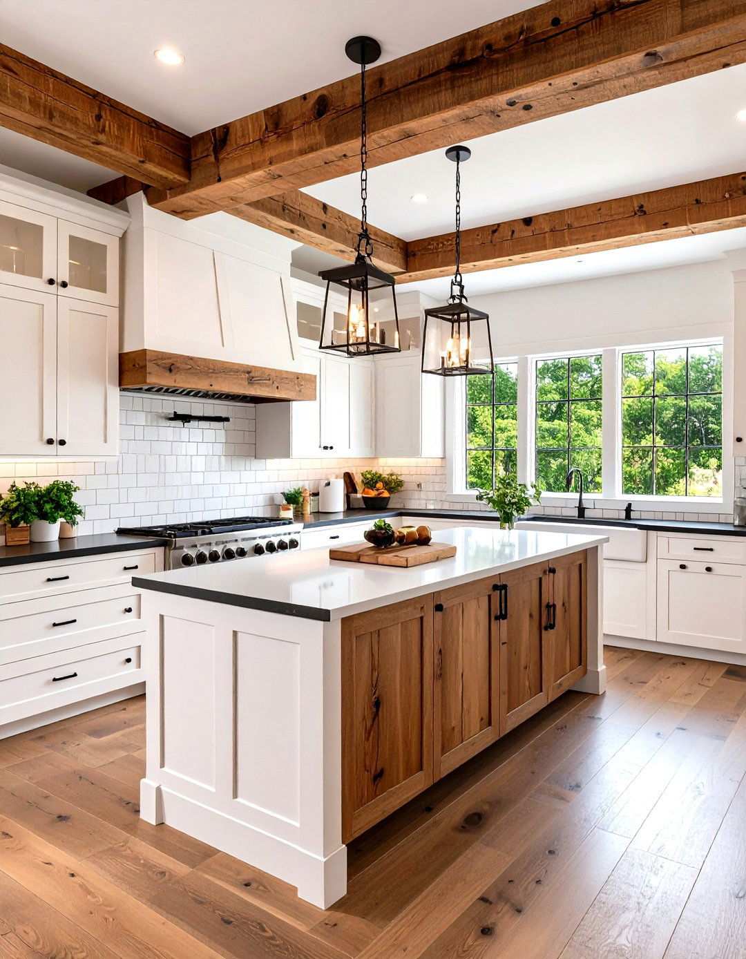 Farmhouse Kitchen with Apron Sink Centerpiece - 24 white kitchen with black countertops ideas