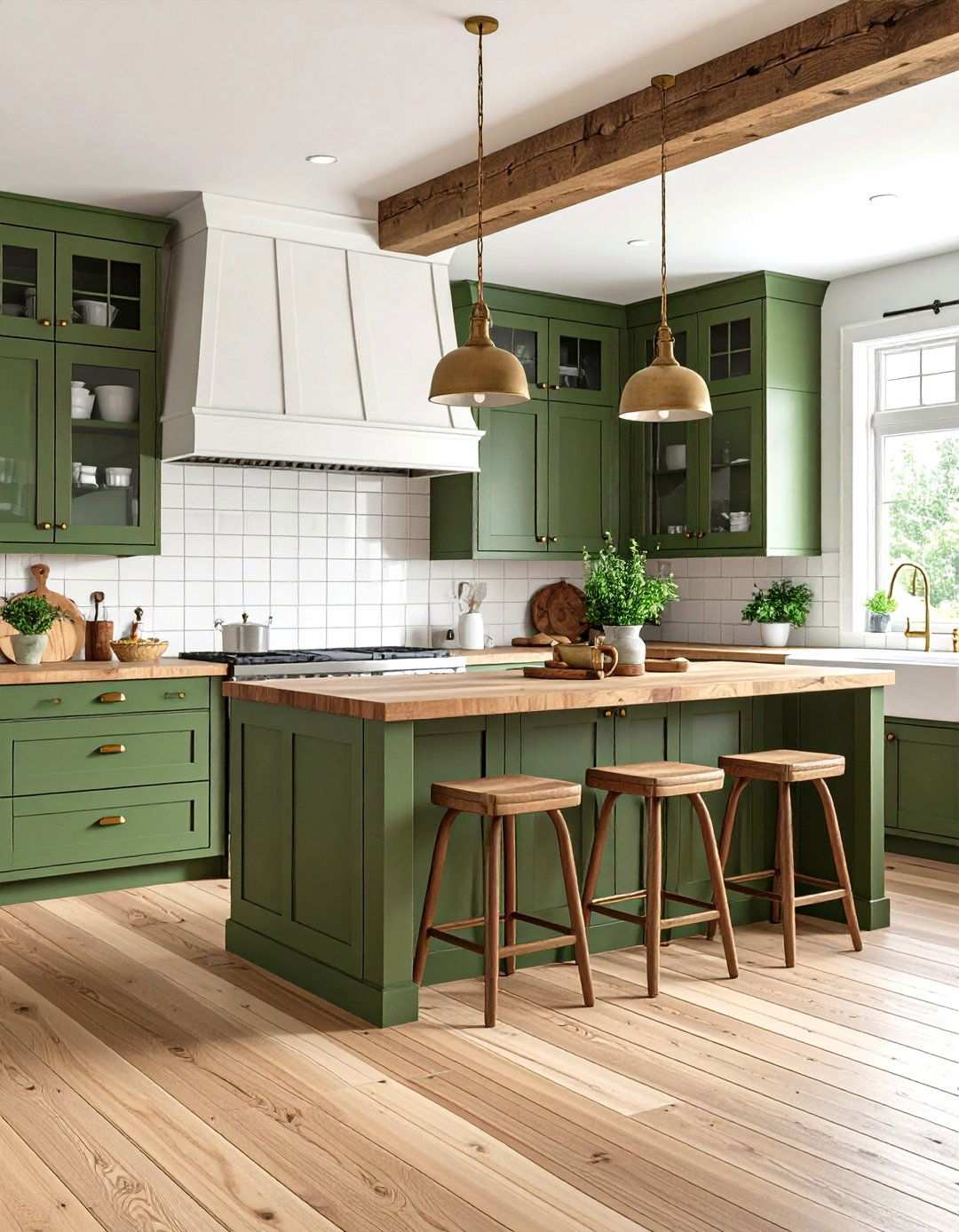 Farmhouse Kitchen with Olive Green Shaker Cabinets - 24 Olive Green Room Ideas