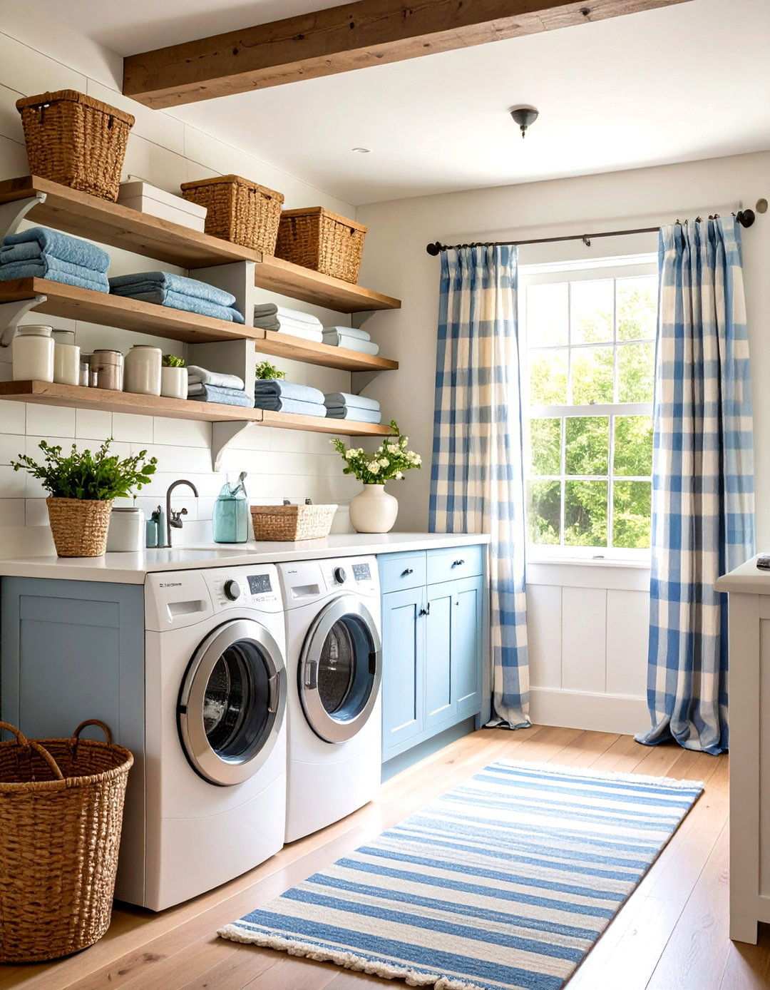 Farmhouse Linen Cafe Curtains with Ticking Stripes - 24 Laundry Room Curtain Ideas