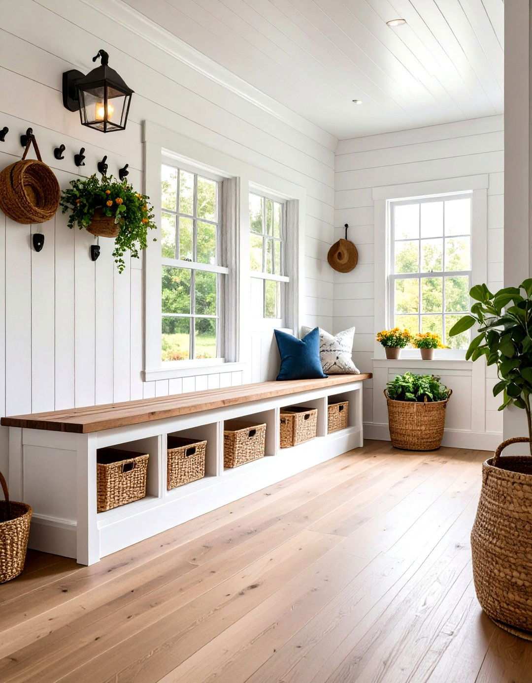 Farmhouse Mudroom with Shiplap Walls - 24 Mud Room Ideas