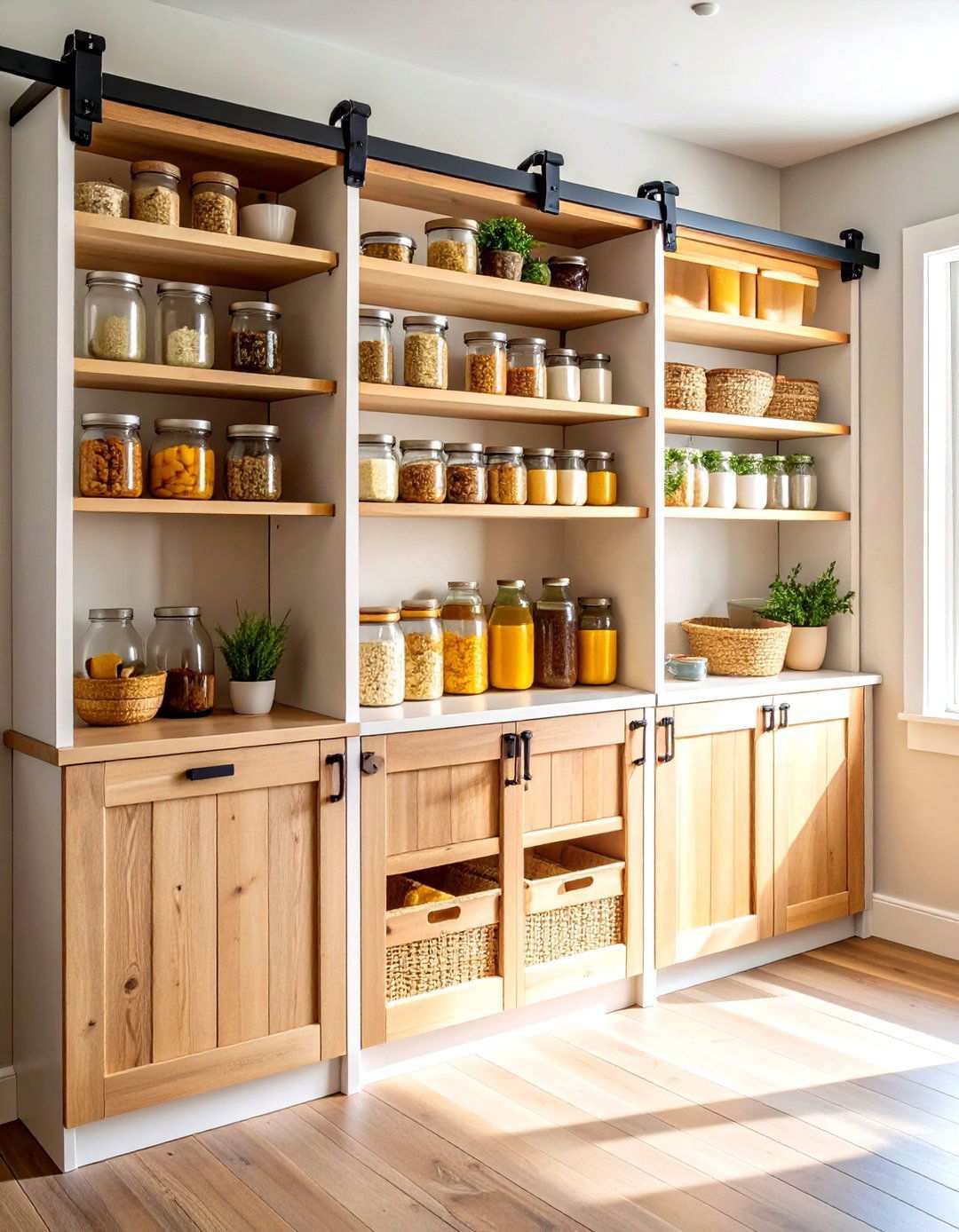 Farmhouse Open Shelving with Sliding Barn Doors - 24 Open Pantry Ideas
