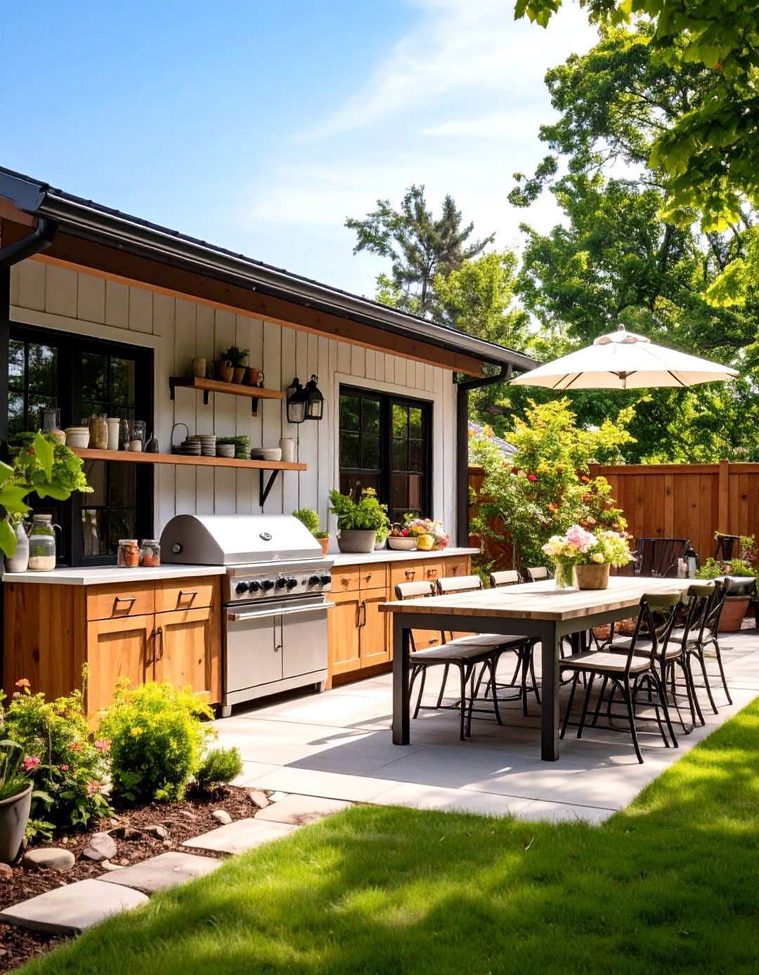 Farmhouse Outdoor Kitchen with Shiplap and Vintage Details - 24 Small Outdoor Kitchen Ideas