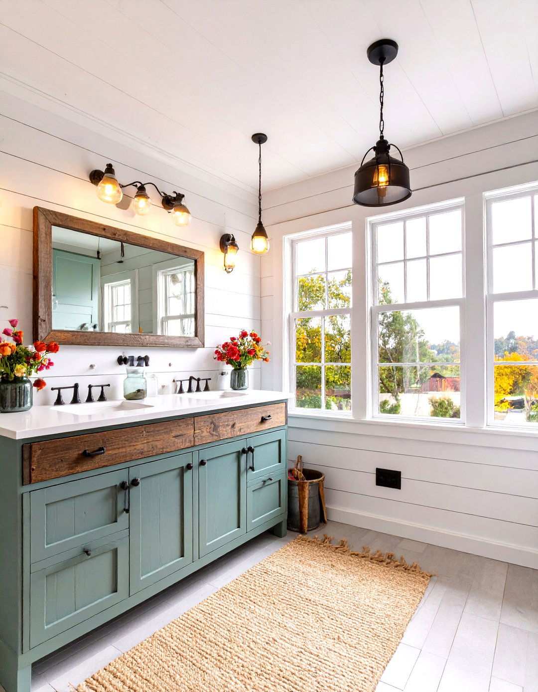 Farmhouse Rustic Windowless Bathroom with Shiplap Details - 24 Windowless Bathroom Ideas