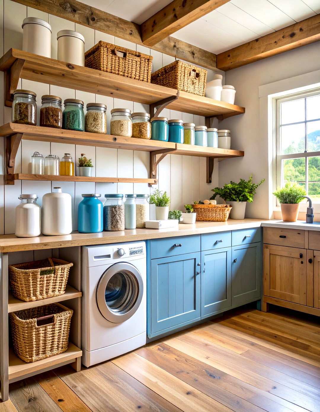 Farmhouse Rustic Wood Shelves - 24 Laundry Room Shelf Ideas