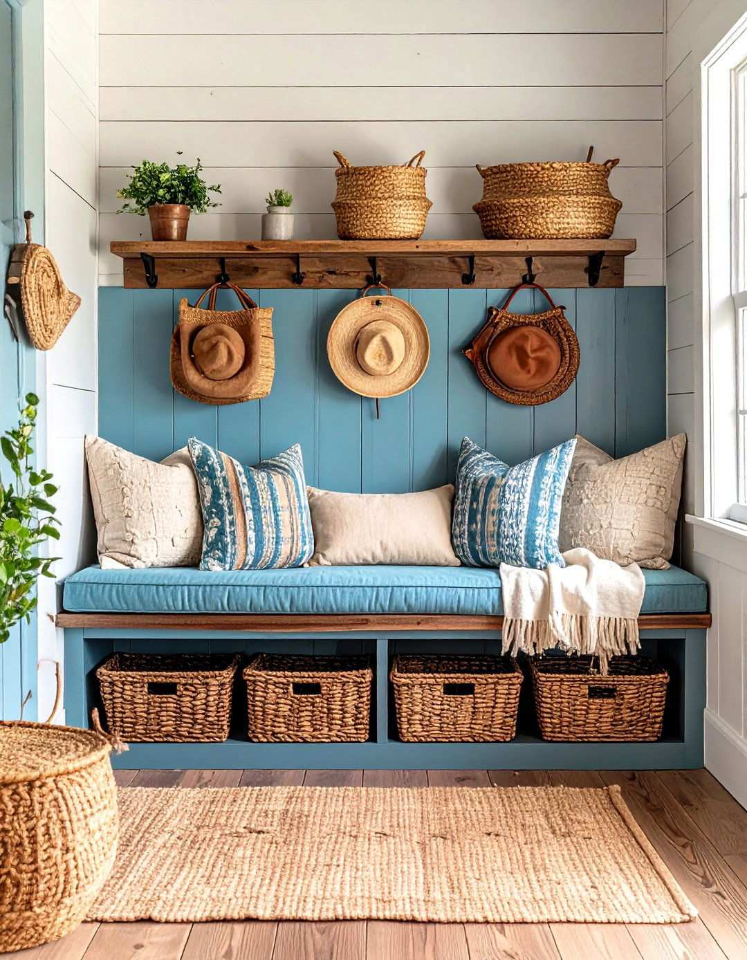 Farmhouse Shiplap Bench with Baskets - 24 Mudroom Bench Ideas