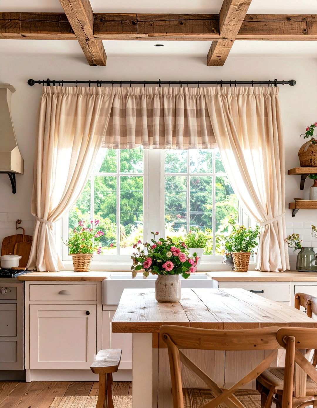 Farmhouse Style Cafe Curtains with Linen Valances - 24 Window Treatments Ideas