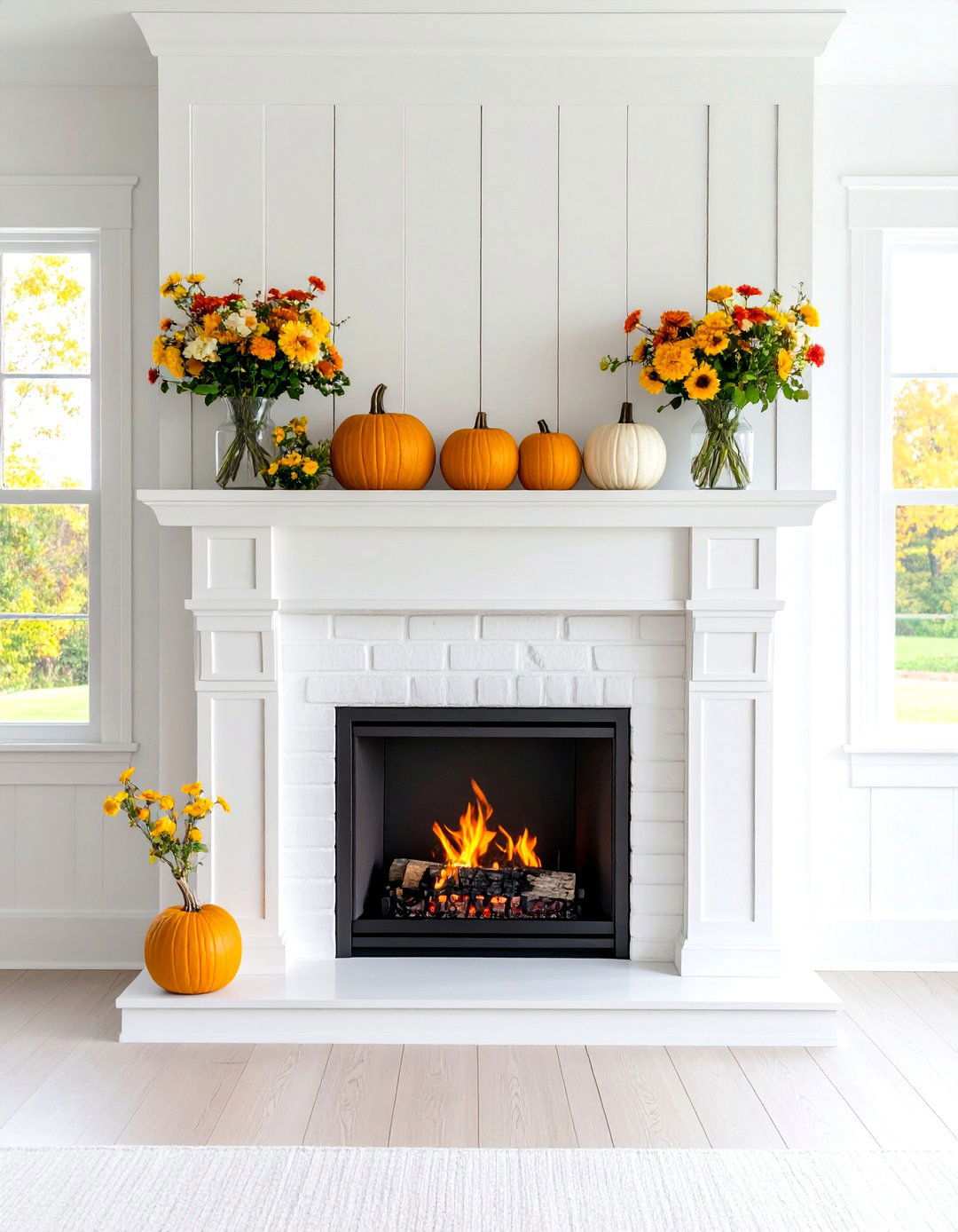 Farmhouse Style White Brick with Reclaimed Wood Mantel - 24 White Brick Fireplace Ideas
