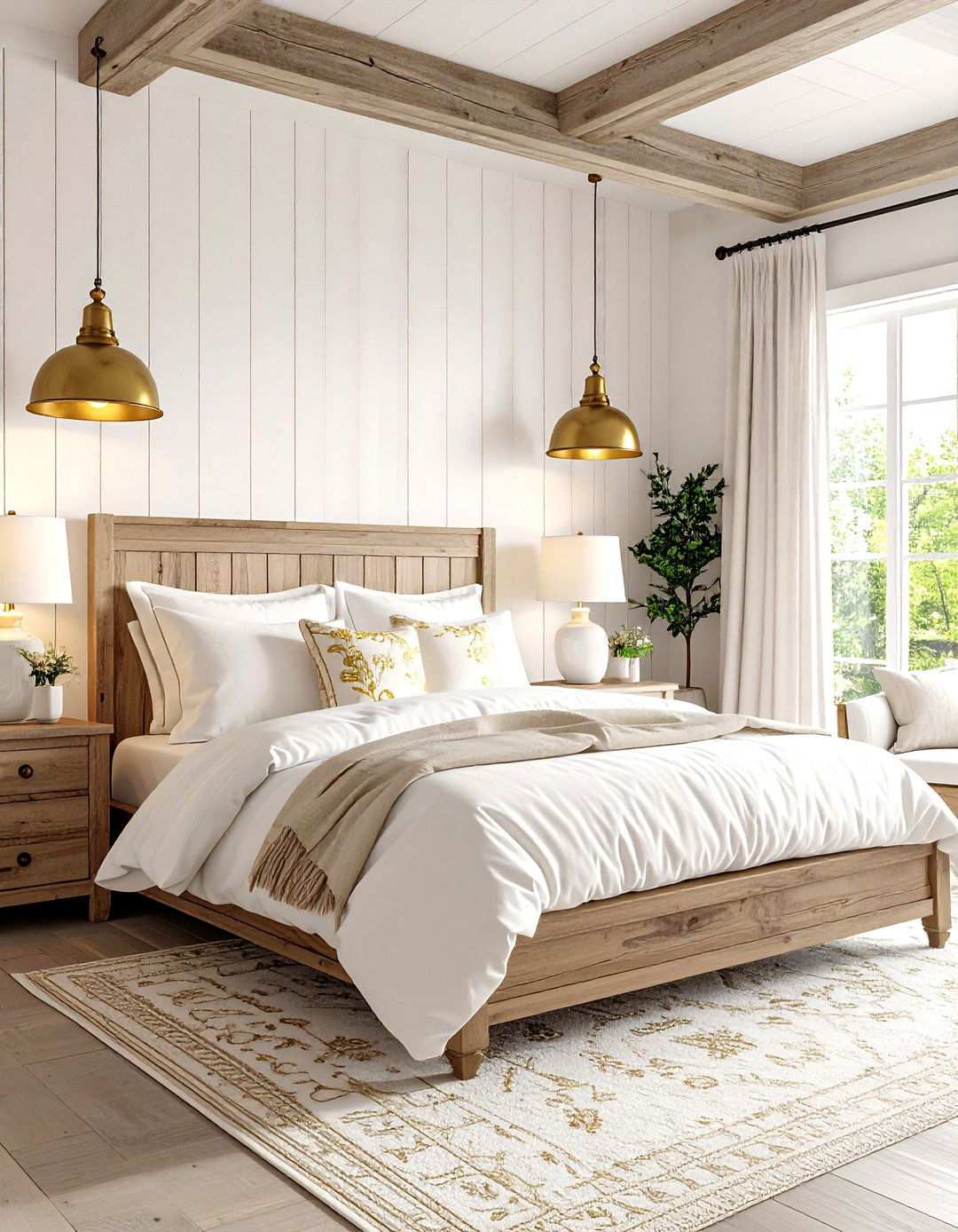 Farmhouse White Bedroom with Rustic Gold Accents - 24 White and Gold Bedroom Ideas