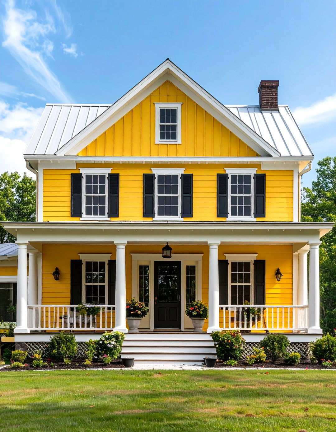 Farmhouse Yellow with Wraparound Porch - 24 Yellow Exterior Home Ideas