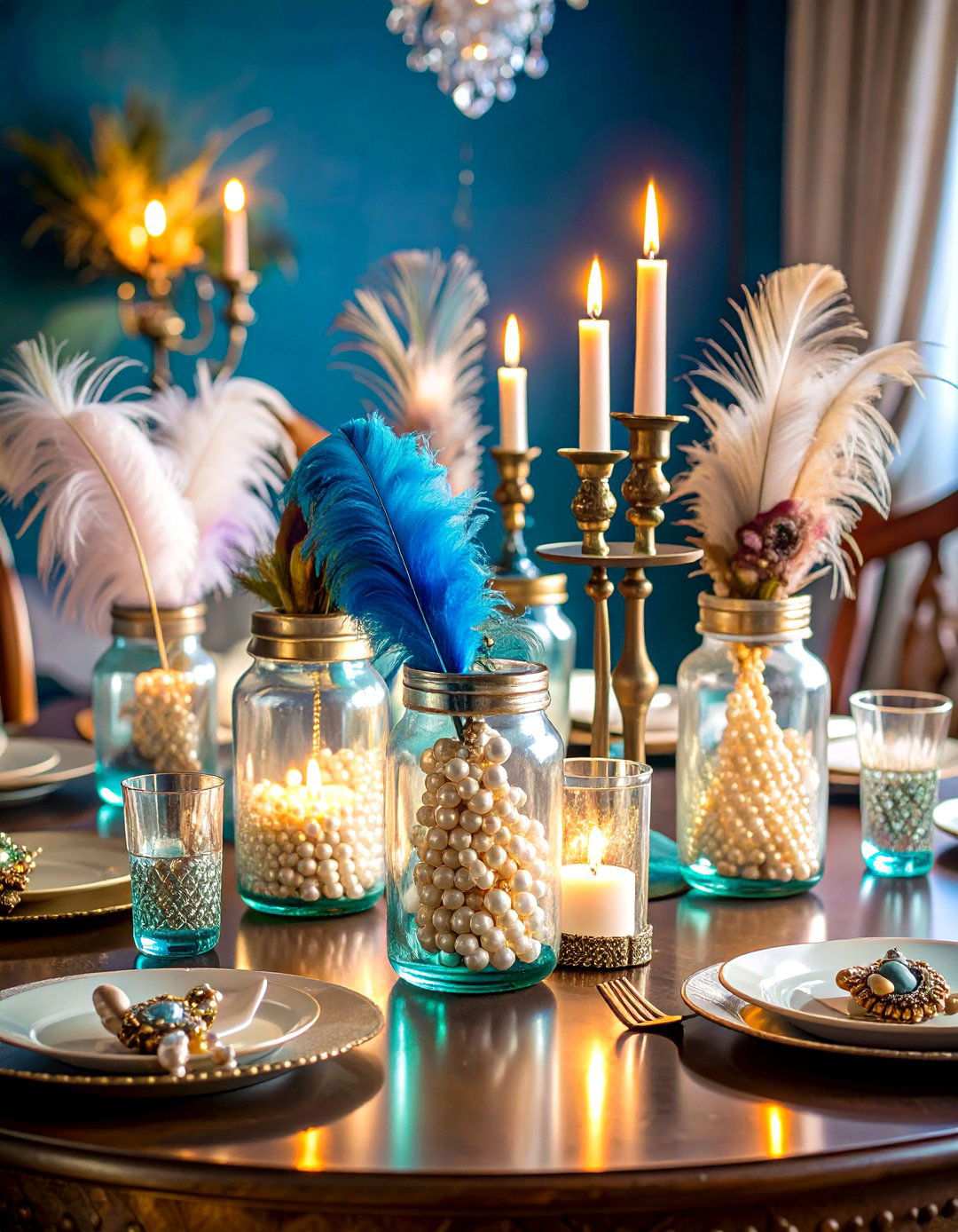 Feather and Pearl Vintage Glamour - 24 Mason Jar Centerpiece Ideas