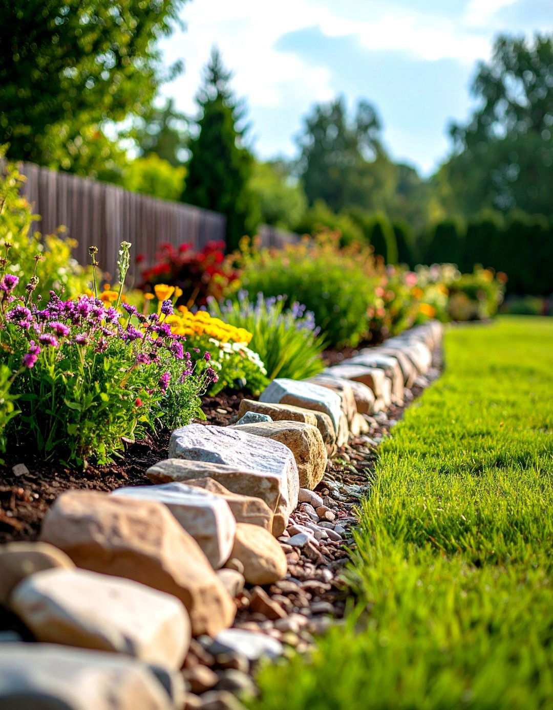 Fieldstone Mulch Edging with Natural Rustic Beauty - 24 Mulch Edging Ideas