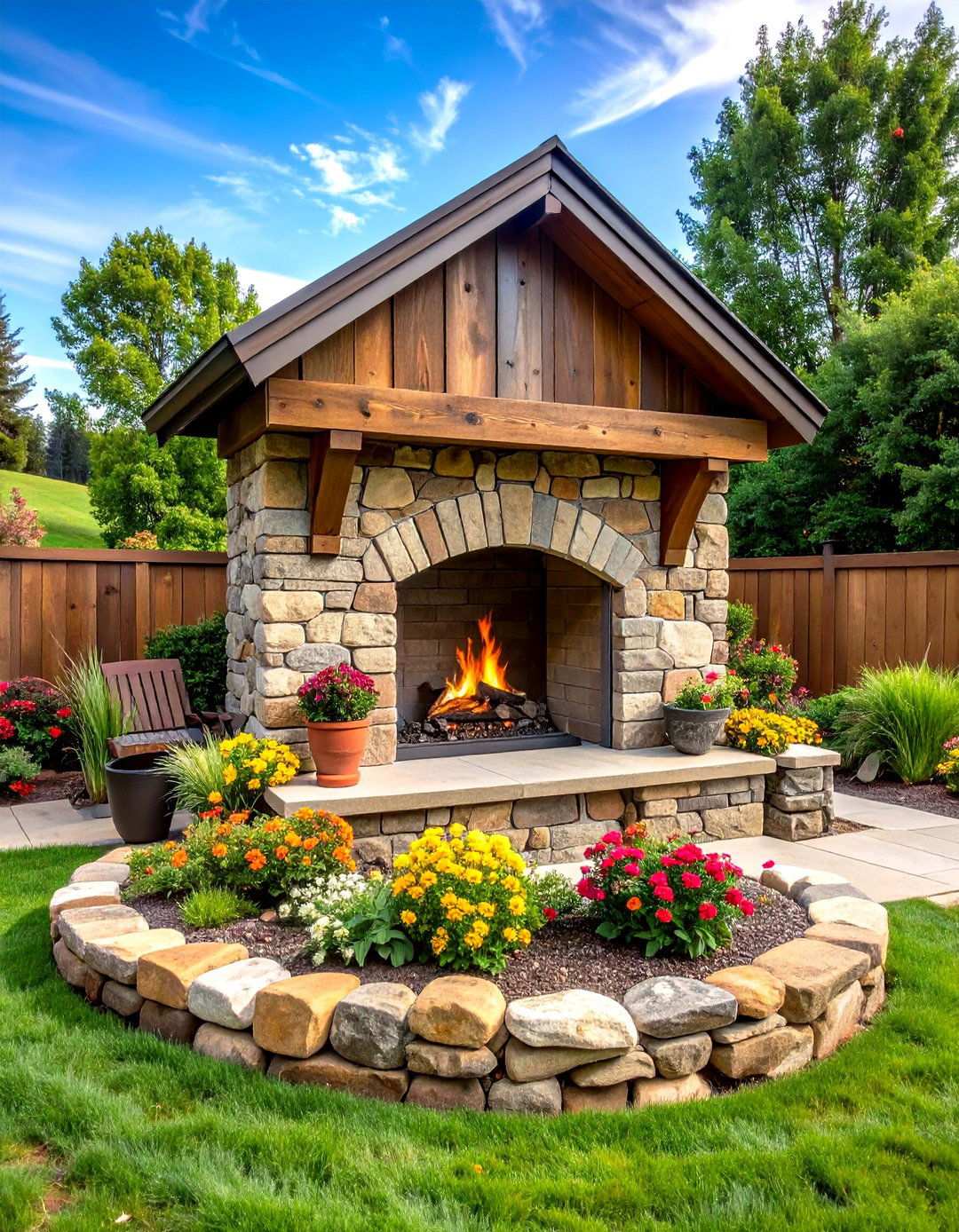 Fieldstone Outdoor Fireplace with Reclaimed Wood Mantel - 24 Rustic Outdoor Fireplace Ideas