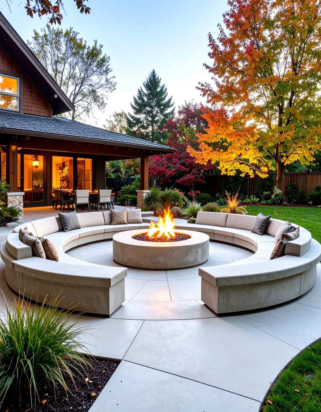 Fire Feature Centered Concrete Patio Design - 24 Raised Concrete Patio Ideas