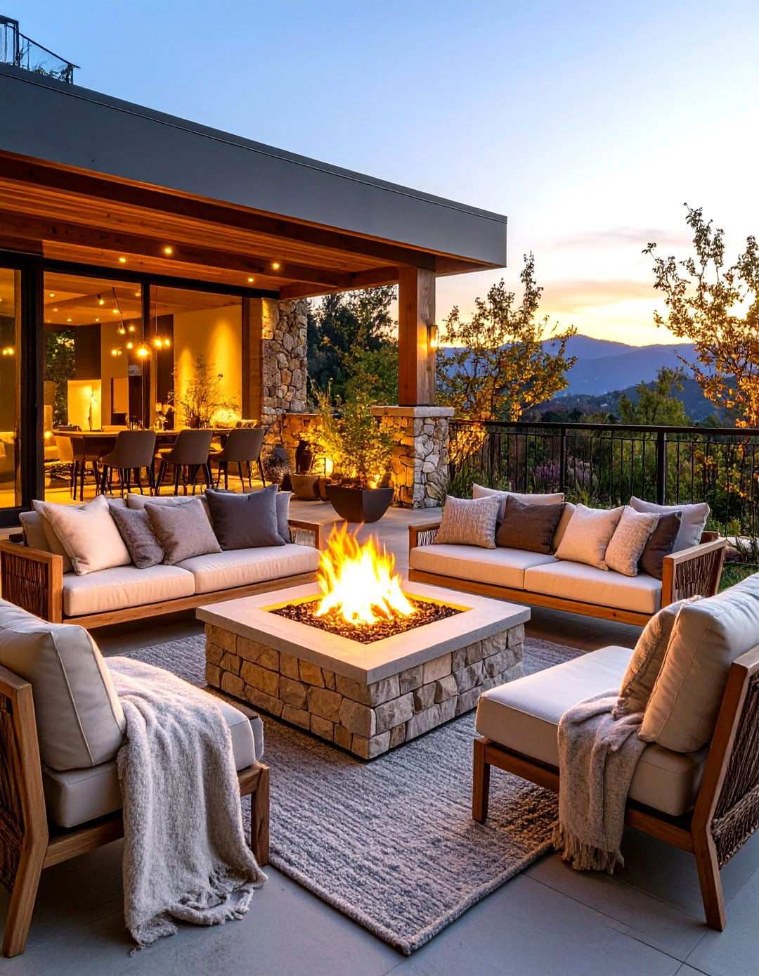 Fire Feature Penthouse Balcony with Cozy Seating - 24 Penthouse Balcony Ideas