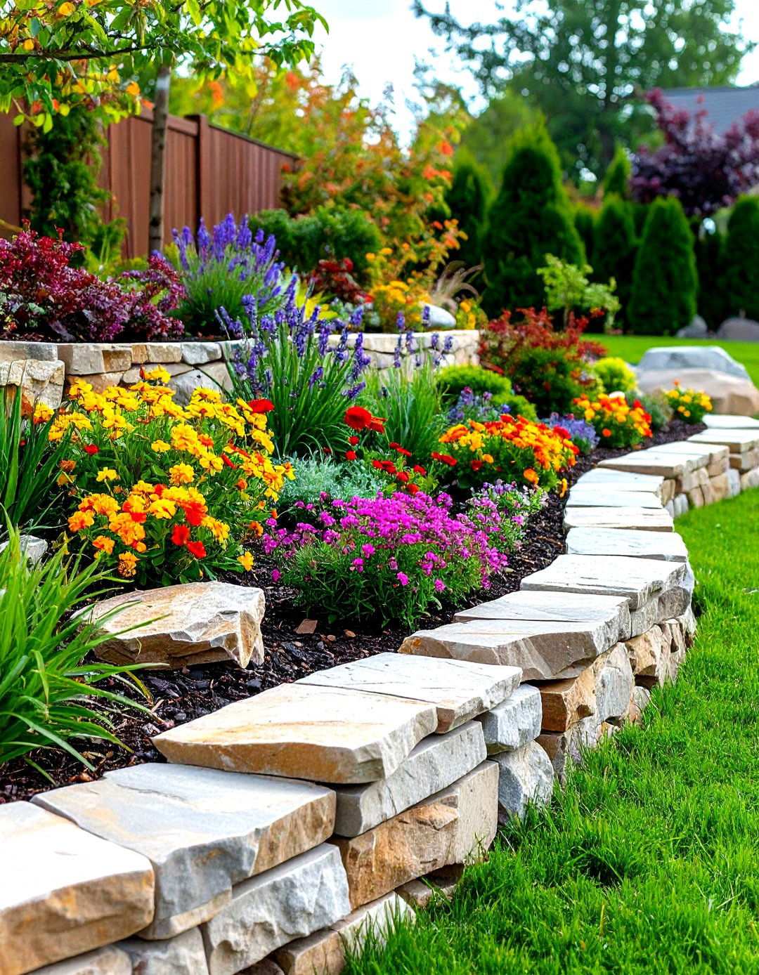 Flagstone Dry Stack Retaining Borders - 24 Stone Garden Edging Ideas