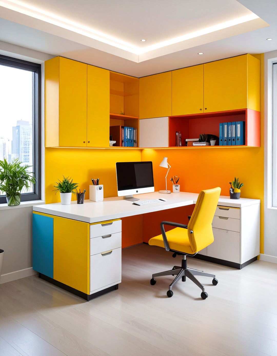 Floating Corner Desk Home Office with Wraparound Design - 24 Small Home Office Ideas