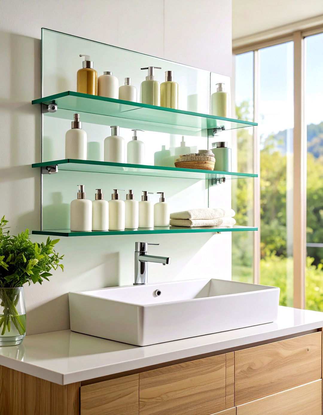 Floating Glass Shelves Above Sink - 24 Pedestal Sink Storage Ideas