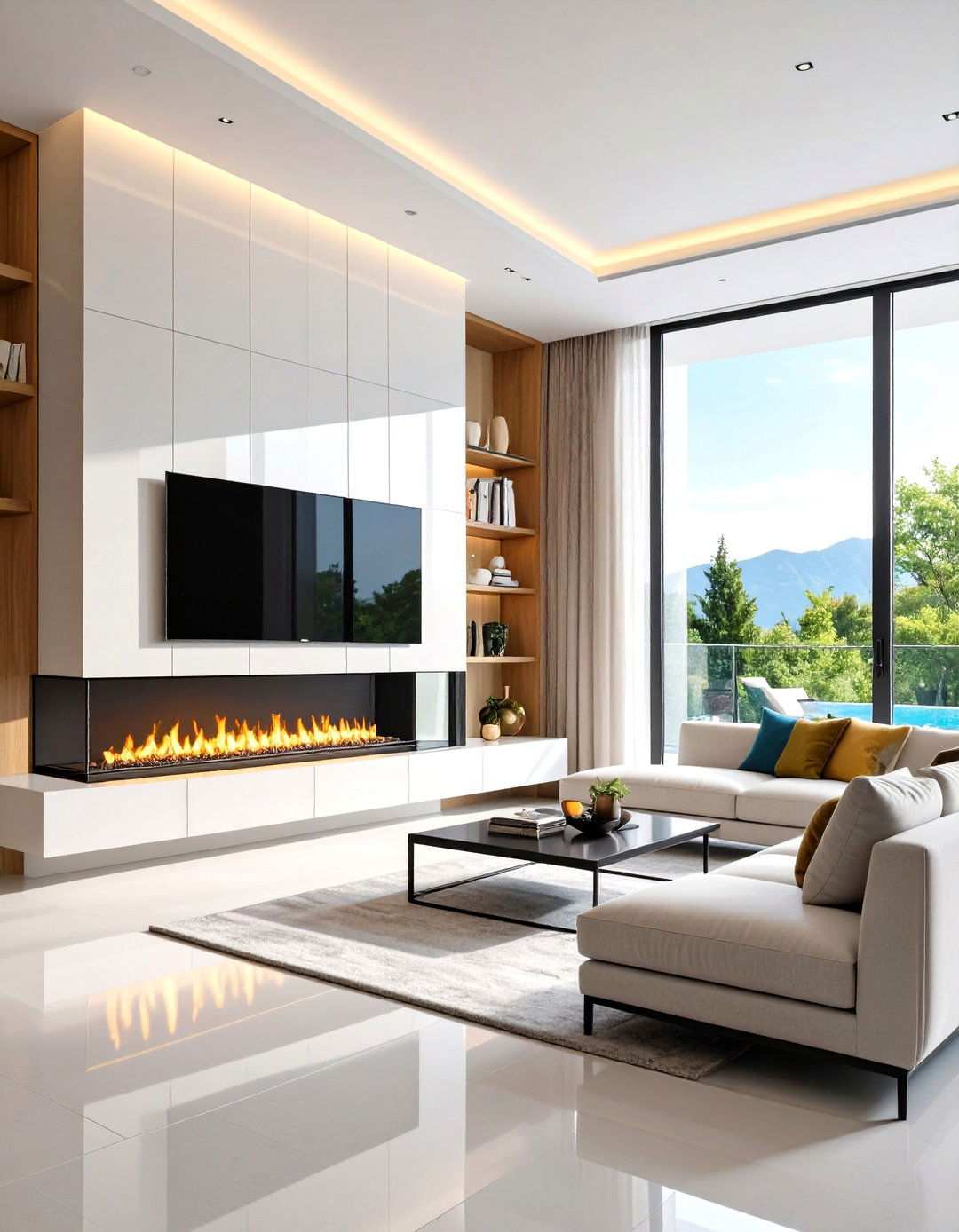 Floating Linear Fireplace with Glass Shelves - 24 Linear Fireplace Ideas With Tv Above