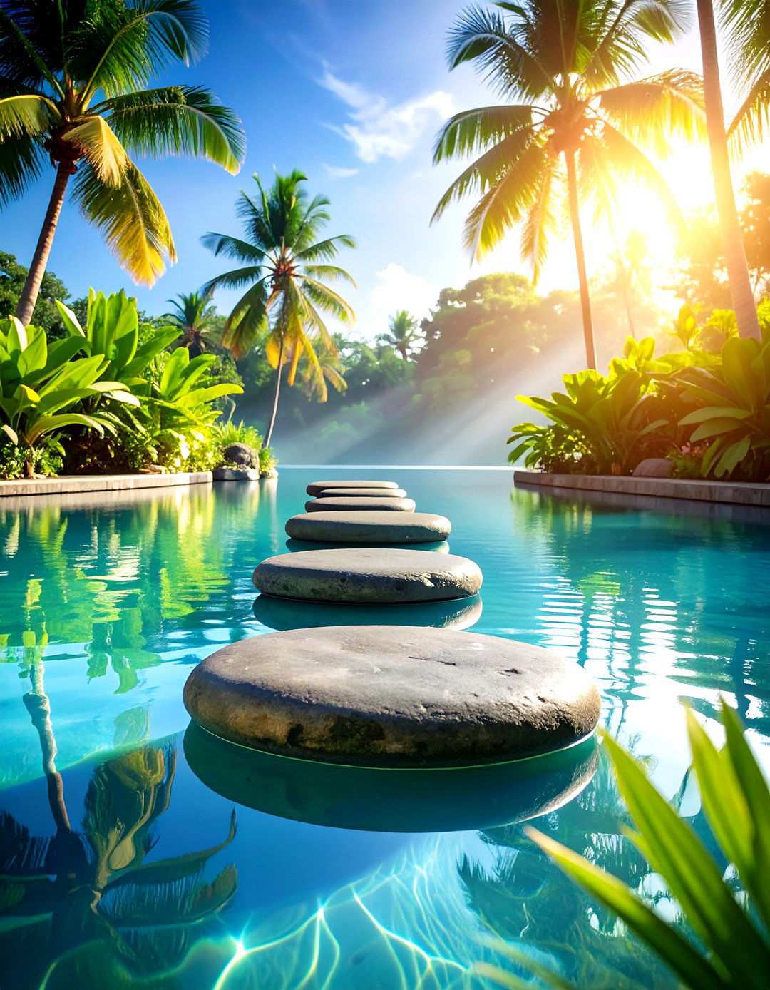 Floating Stone Pathway Adventure - 24 Tropical Pool Landscaping Ideas