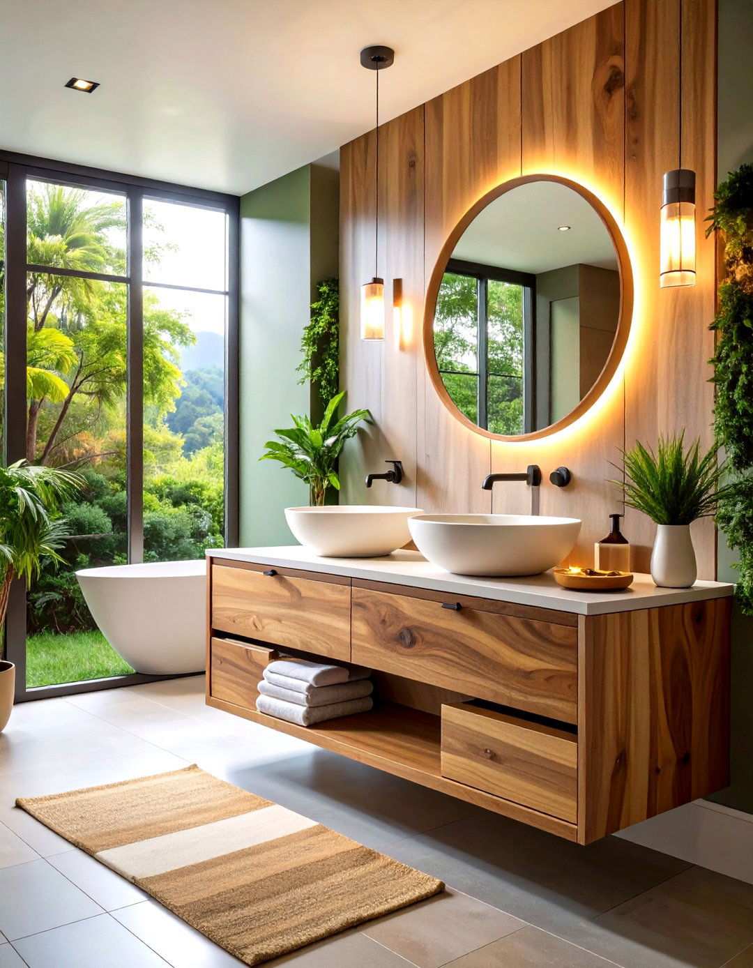 Floating Teak Vanity with Live Edge Details - 24 Zen Bathroom Ideas