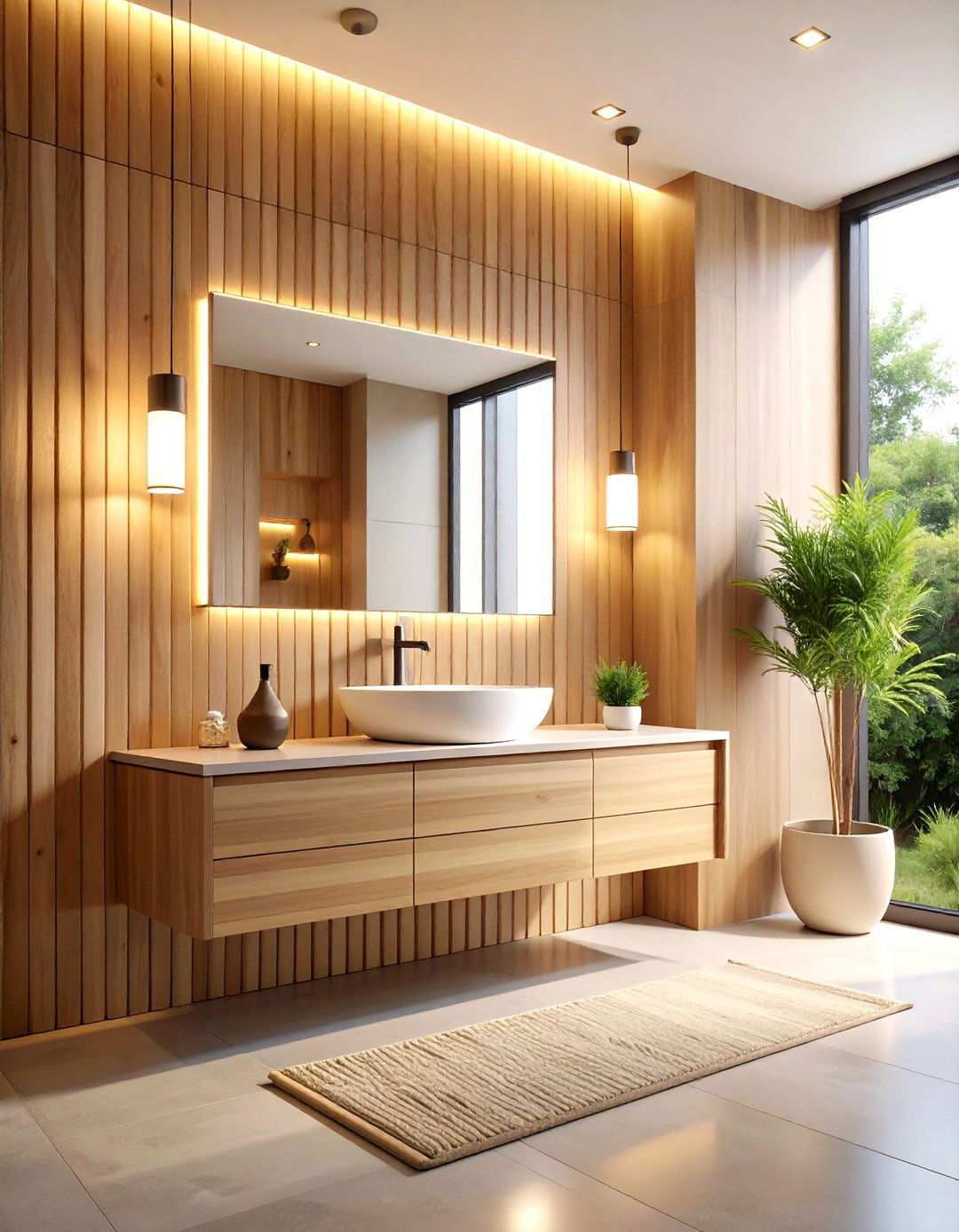 Floating Vanity Bathroom with Vertical Wood Slats - 24 Japandi Bathroom Ideas