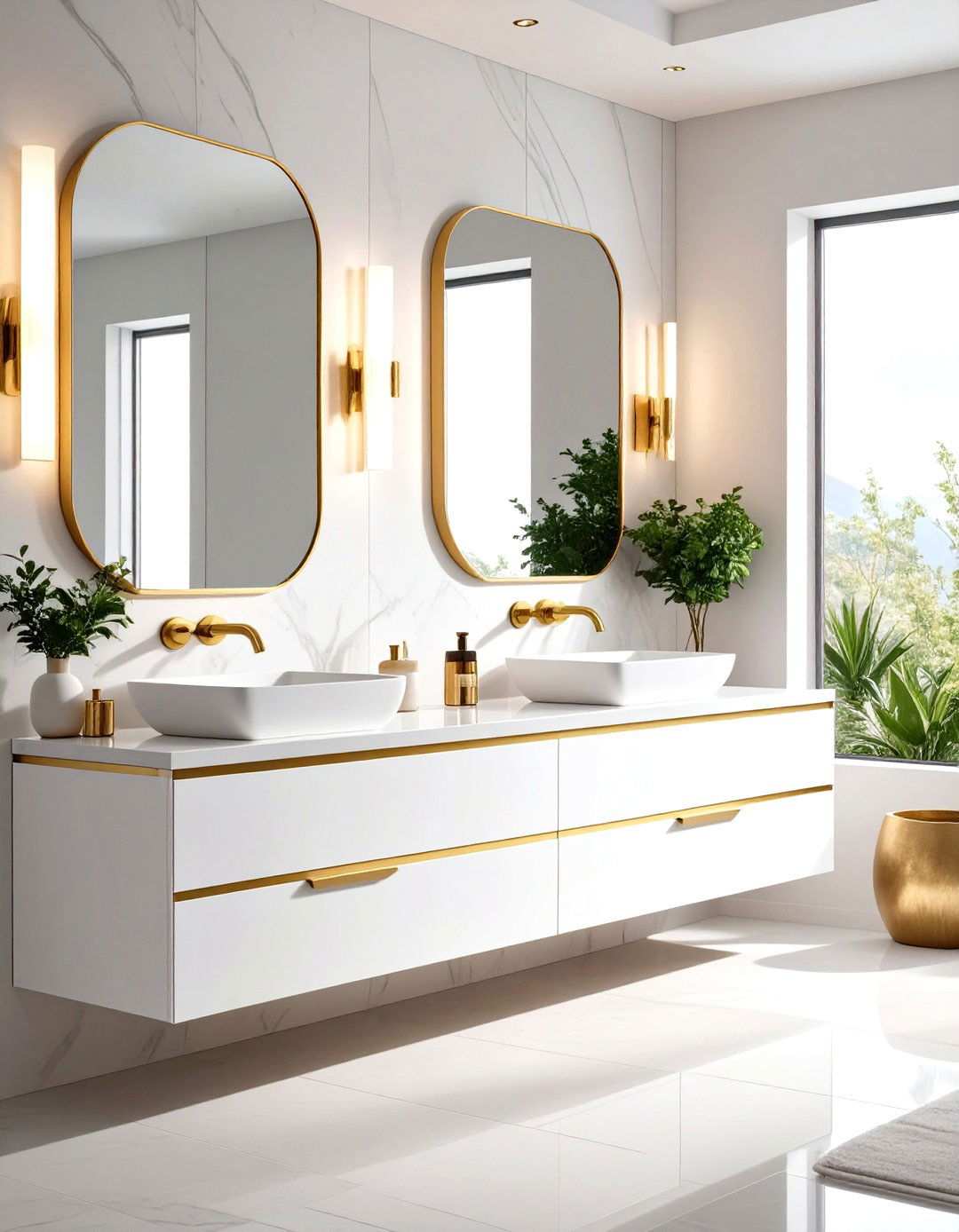 Floating Vanity Sophistication - 24 White and Gold Bathroom Ideas