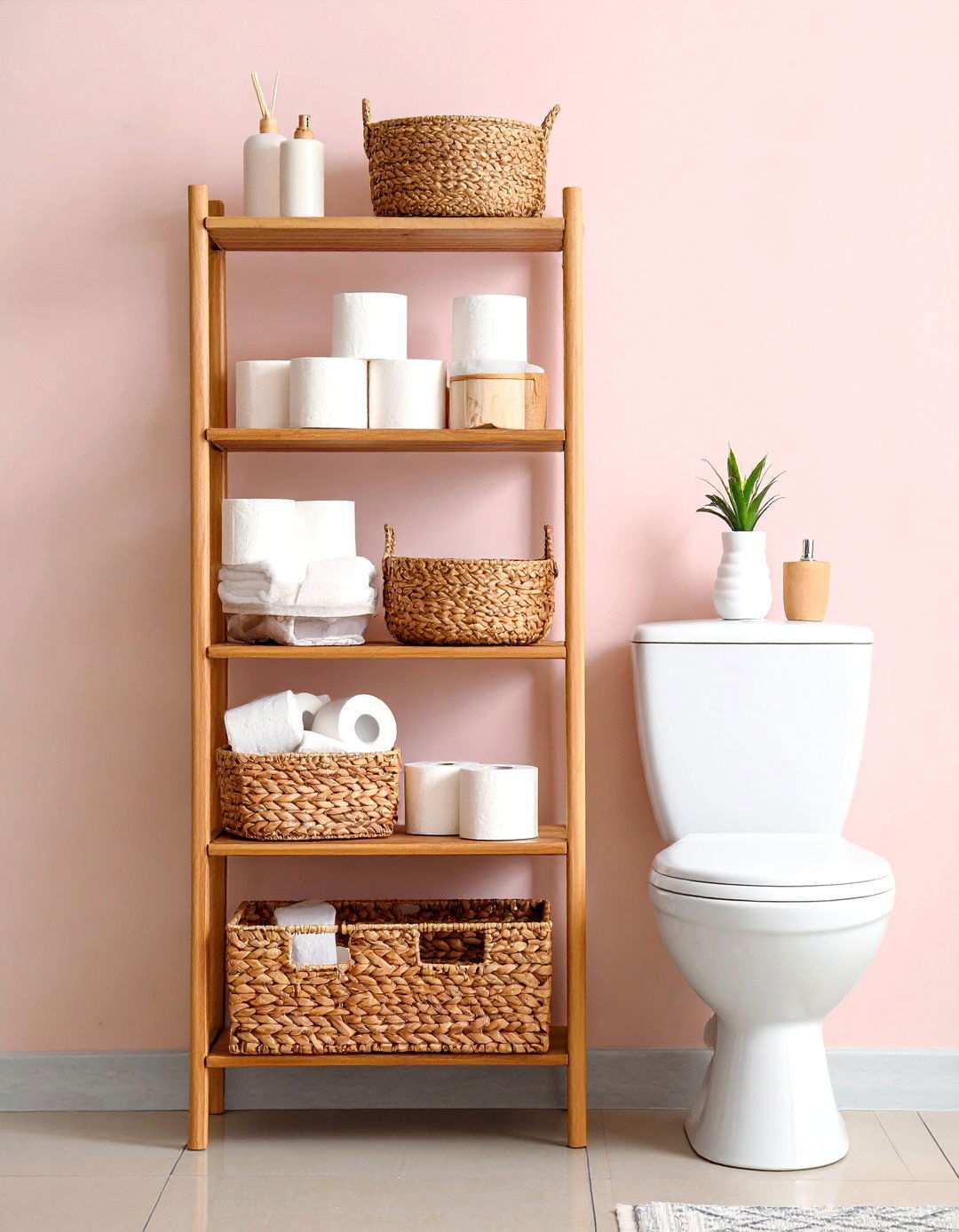 Floating Wall Shelf with Wicker Basket Storage - 24 Toilet Paper Storage Ideas