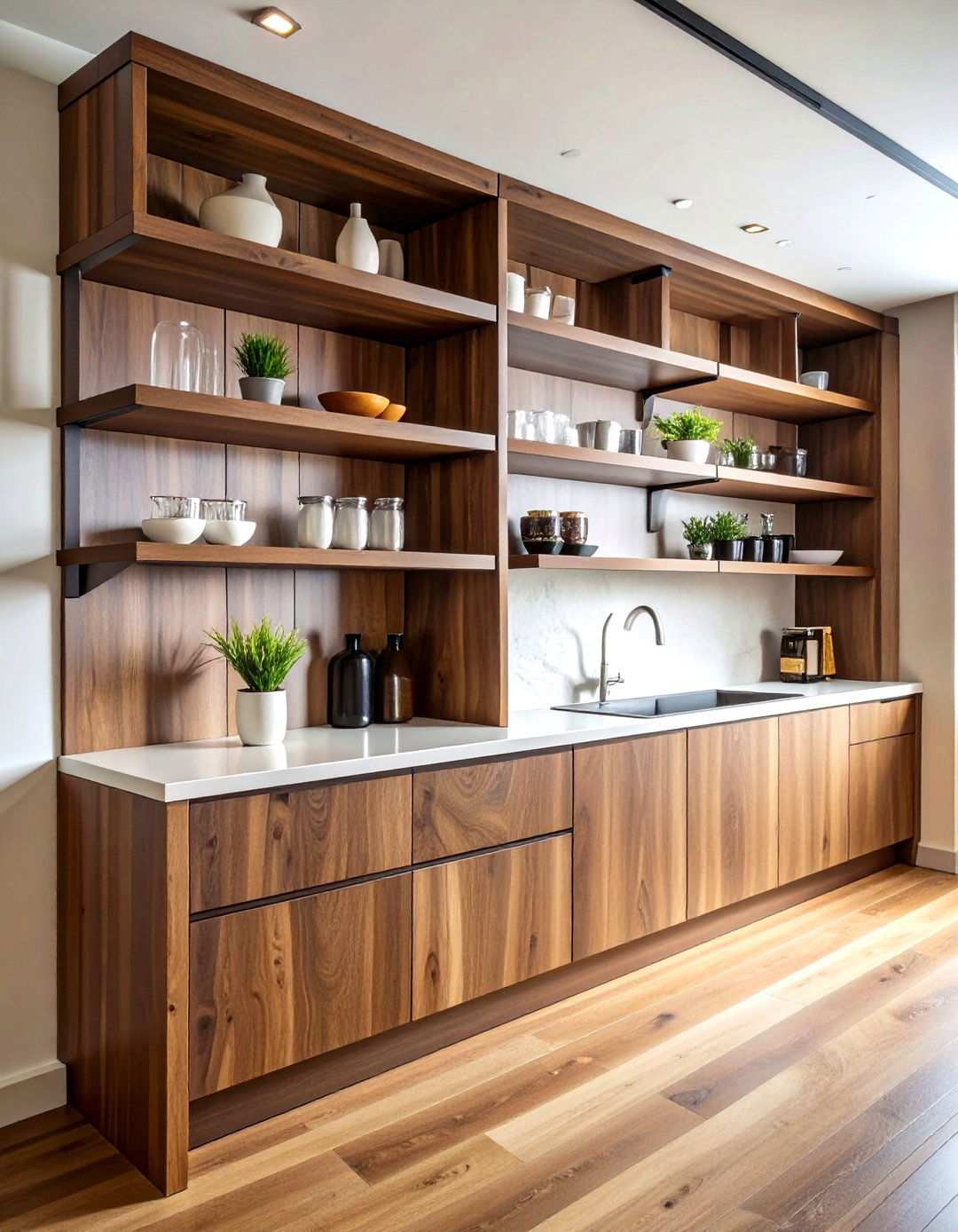 Floating Walnut Wood Shelving - 24 Open Shelving Kitchen Ideas