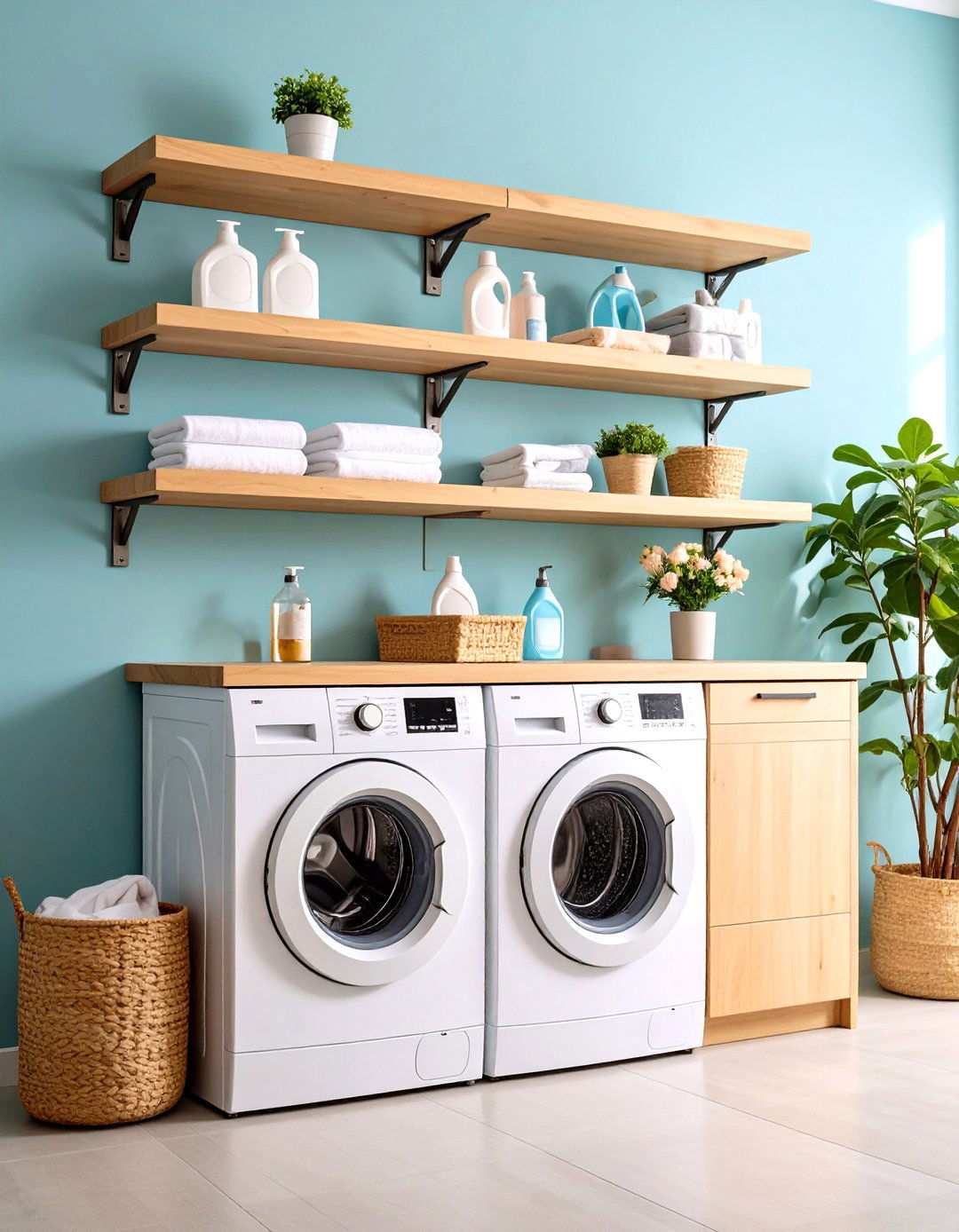 Floating Wood Shelves Above Washer and Dryer - 24 Laundry Room Shelving Ideas
